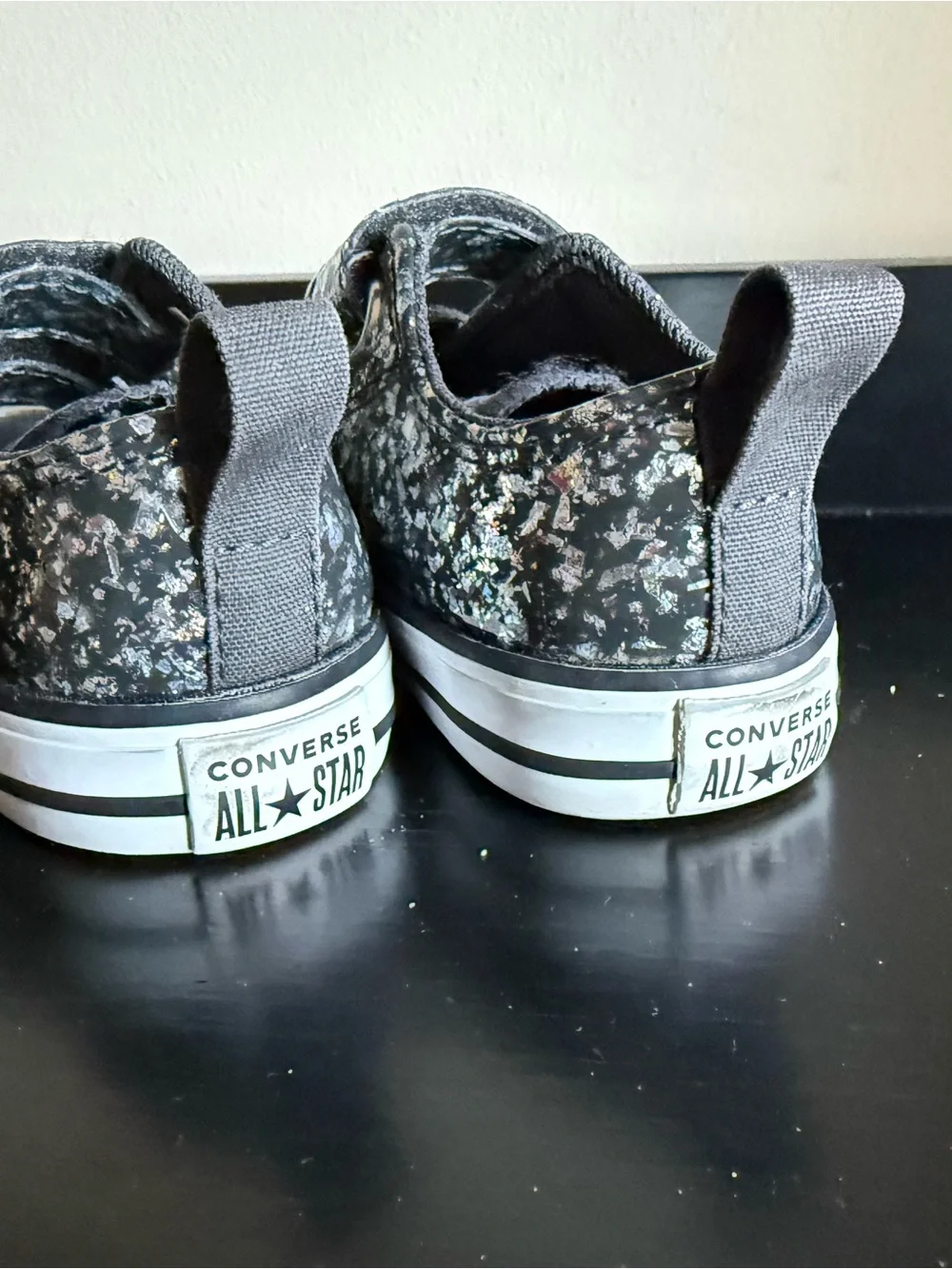 Converse All Star Infant 5 Metallic Glitter Velcro Sneakers Black Silver